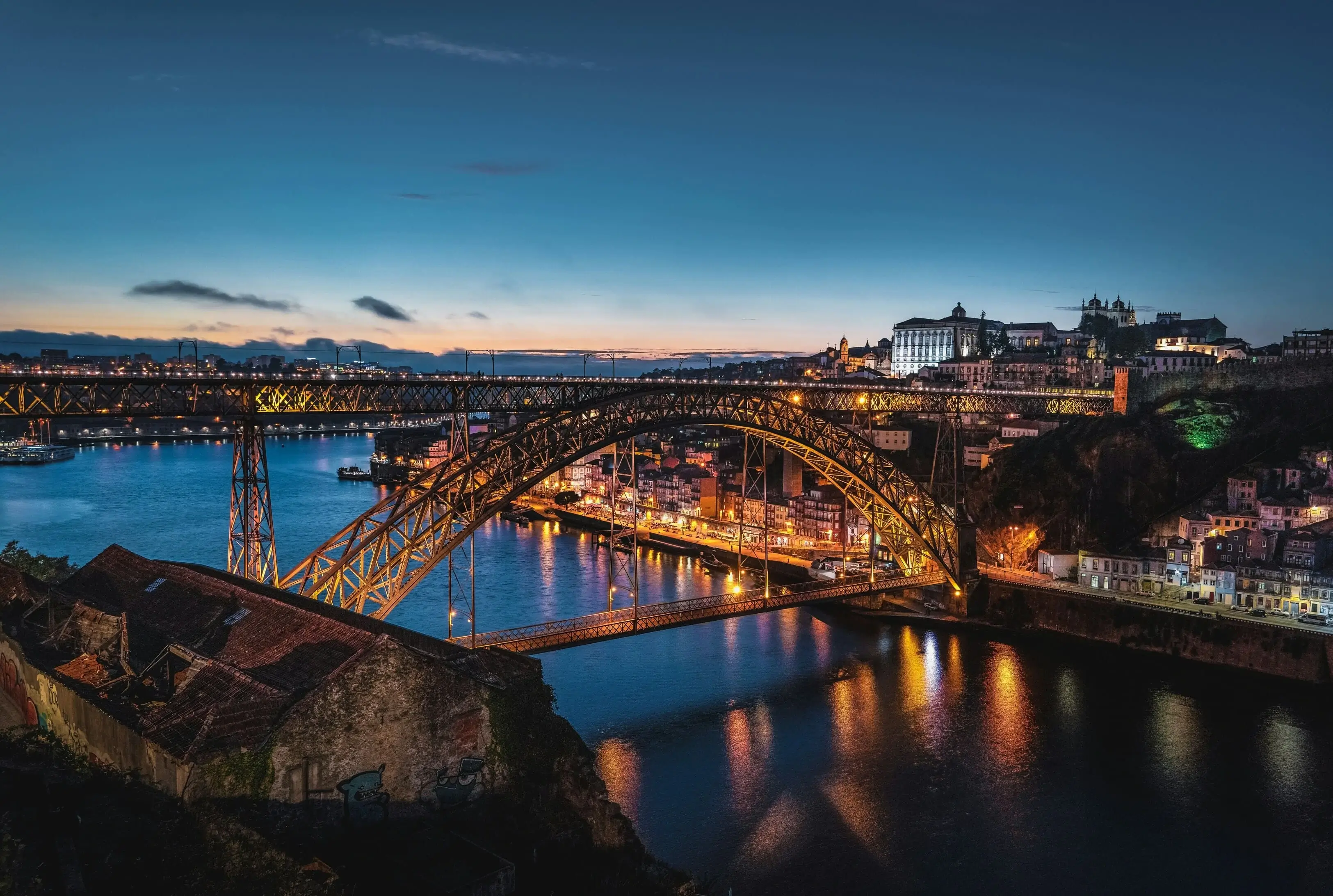 Kleurrijke huizen langs de Douro in Porto gezien vanuit Vila Nova de Gaia